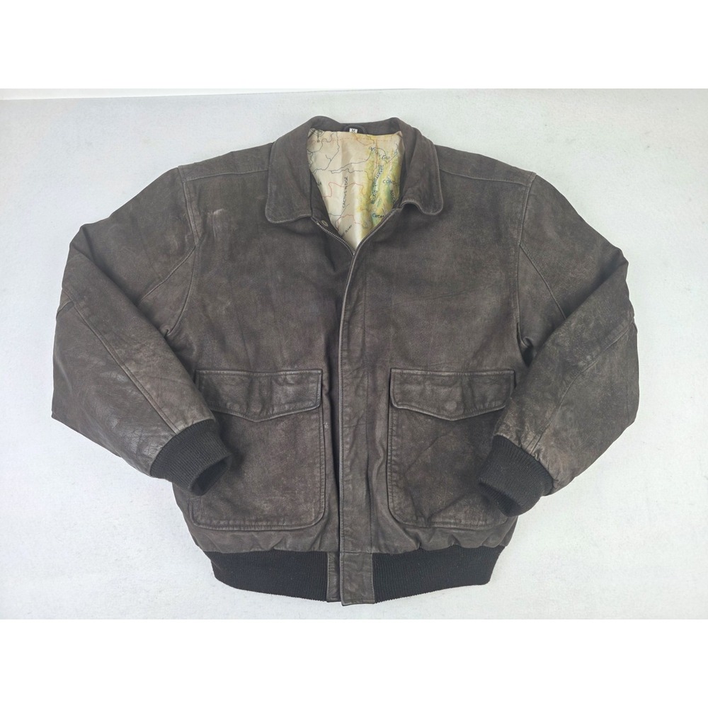 Vintage Style Brown Bomber Jacket Montana Map Lined Full Zip Mens Size Medium